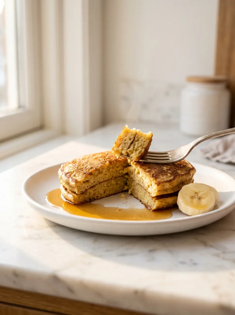 banana protein pancake cut open showing soft custardy golden interior on white ceramic plate