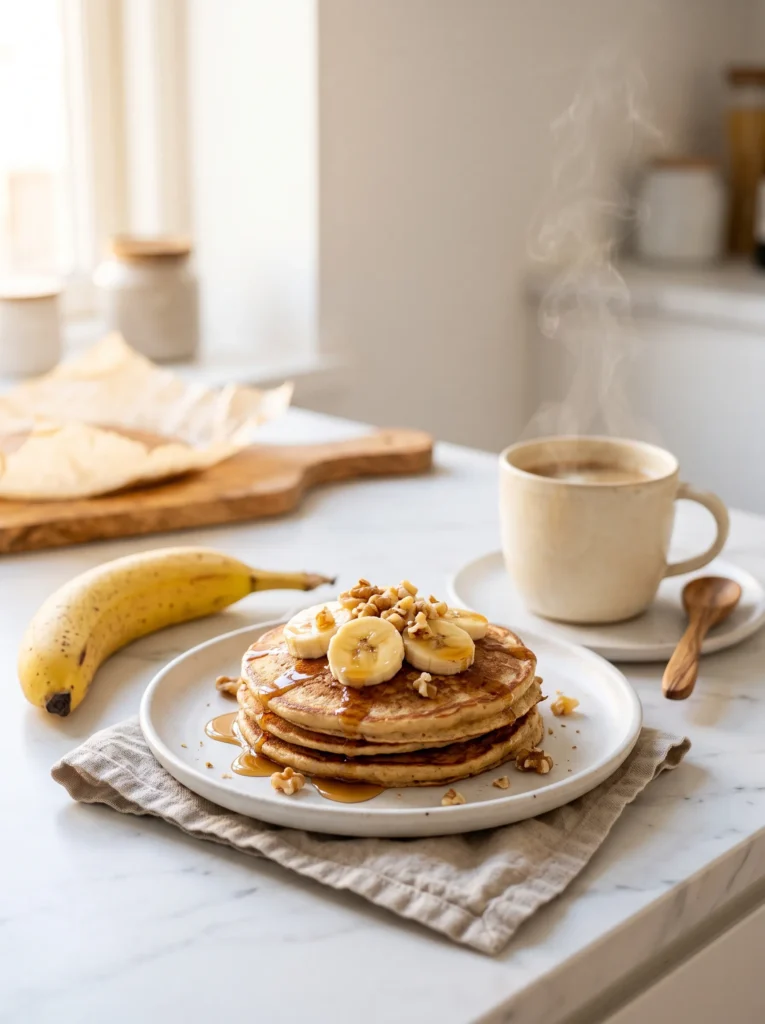 banana protein pancakes with morning coffee on white marble counter cozy breakfast scene
