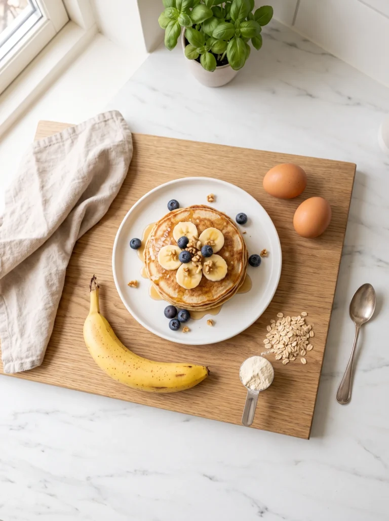 overhead flat lay banana protein pancakes recipe with ripe banana eggs and protein powder