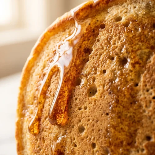 close-up texture of golden banana protein pancake surface with maple syrup drizzle