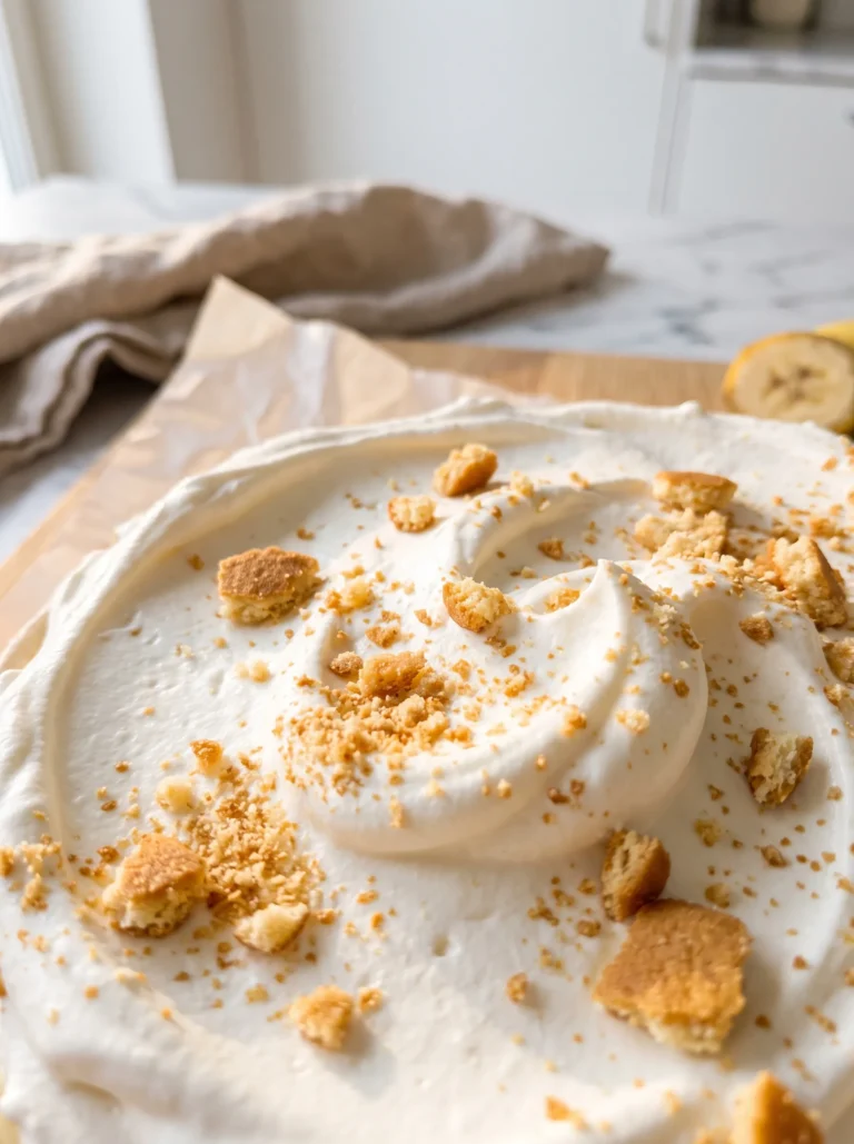 extreme close-up of banana pudding whipped cream topping with golden nilla wafer crumbs — creamy texture detail of no-bake banana pudding recipe