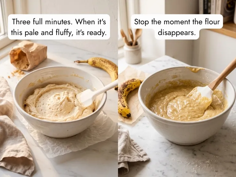 banana pudding cupcakes batter steps — pale creamed butter and brown sugar then finished golden batter ready to bake
