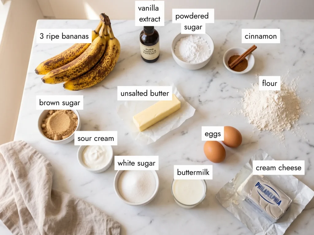 banana pudding cupcakes ingredients flat lay on white marble — ripe bananas, sour cream, cream cheese, buttermilk, brown sugar