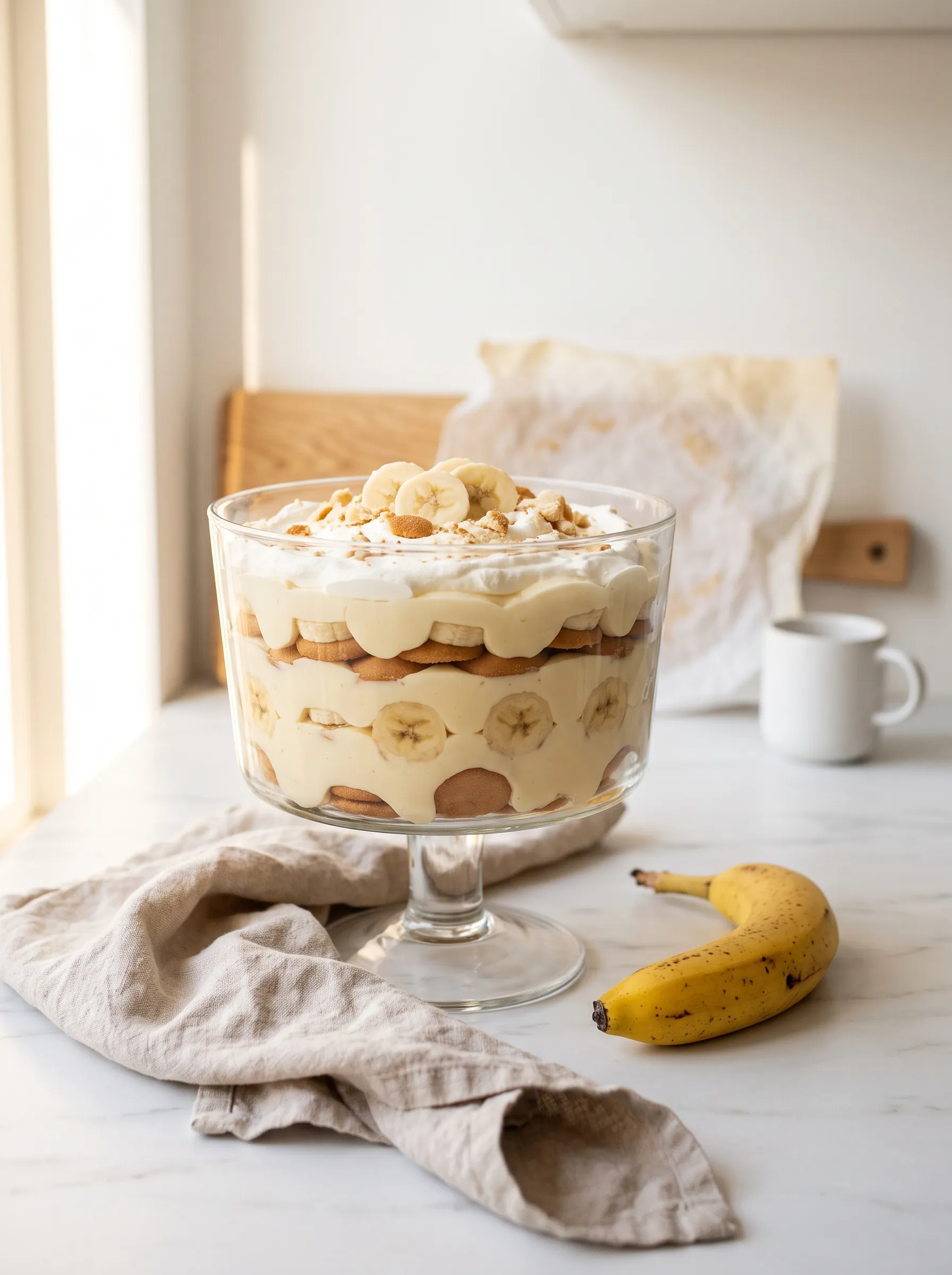banana pudding trifle dish on white marble kitchen counter in morning light — cozy lifestyle shot with ripe banana beside the bowl, no-bake banana pudding recipe