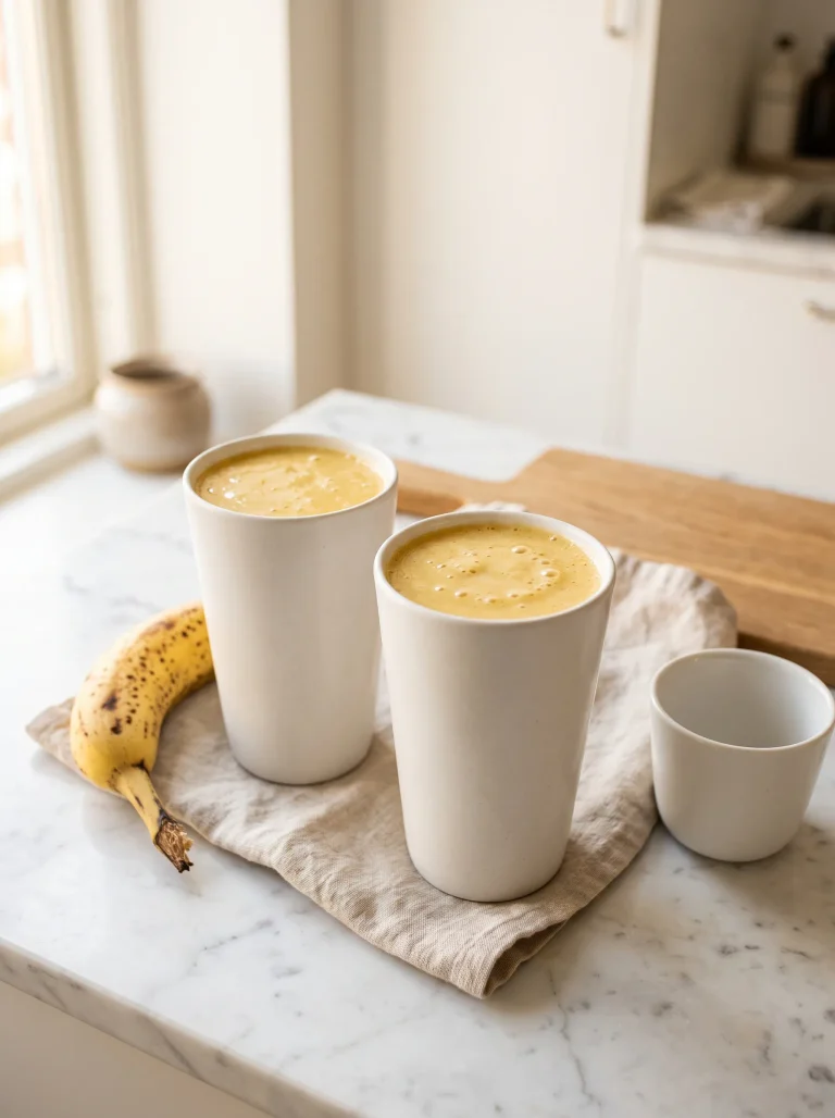 Two glasses of homemade banana smoothie recipe served on white marble in a bright cozy kitchen, golden morning light