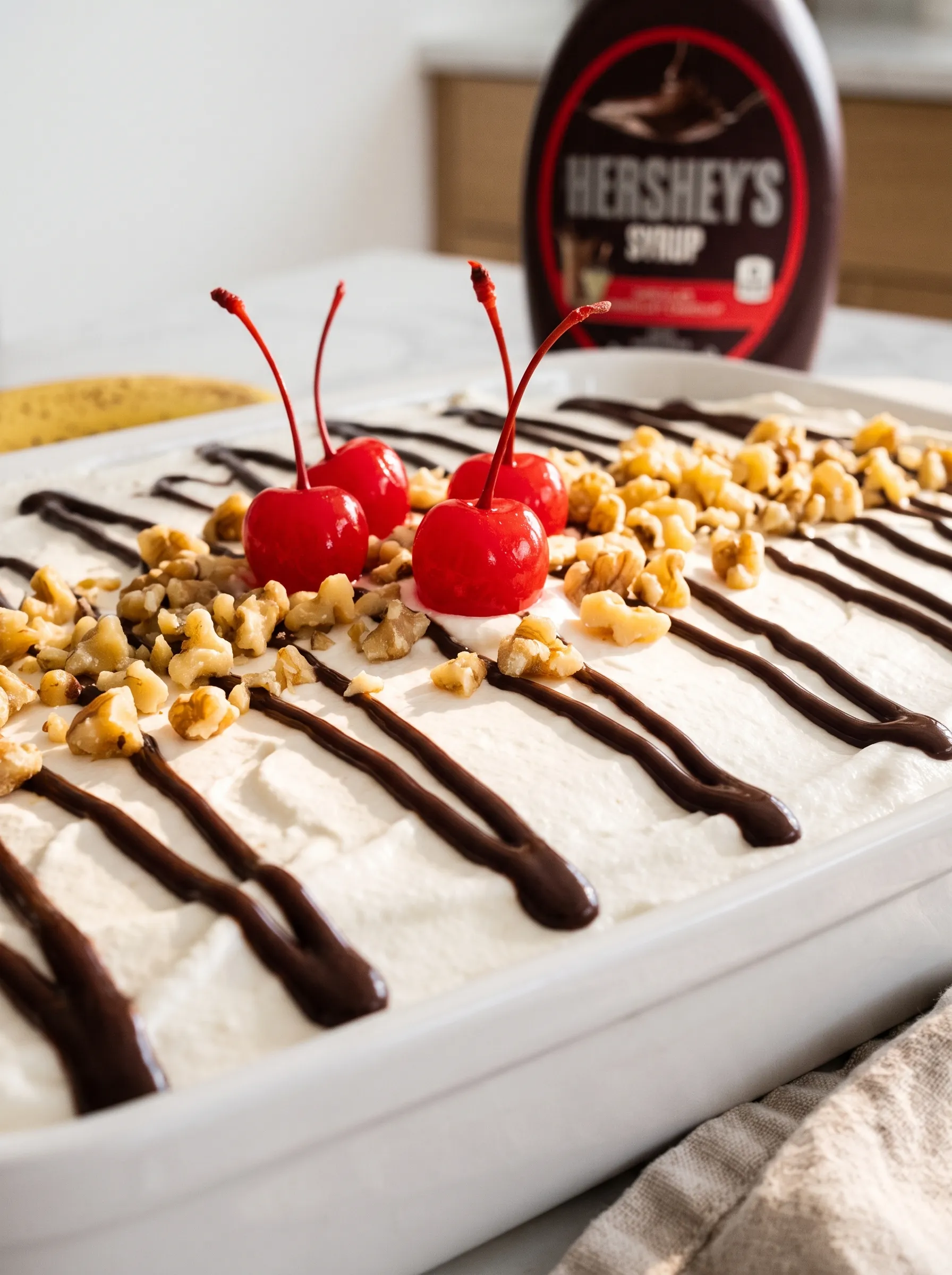 Hershey's chocolate syrup drizzle over Cool Whip topping on no-bake banana split cake, banana split cake recipe garnish
