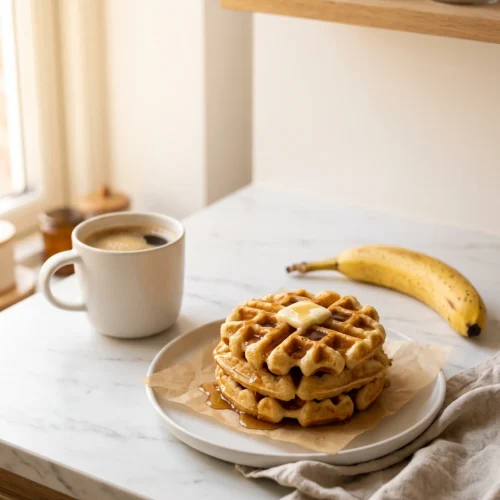 Banana waffles on white marble counter next to coffee mug, cozy morning breakfast, healthy banana waffles