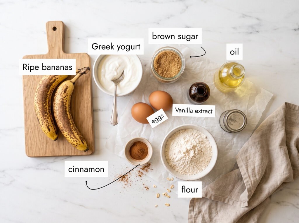 All ingredients for banana waffles recipe laid flat on white marble — ripe bananas, Greek yogurt, eggs, flour, cinnamon, brown sugar