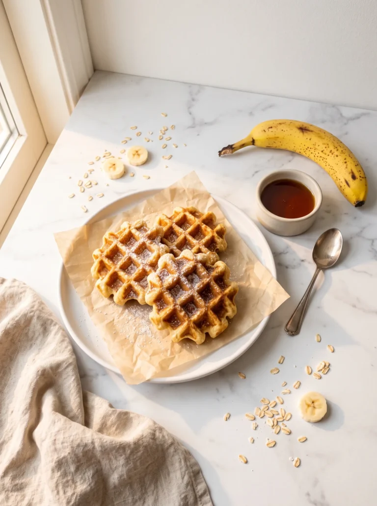 Overhead view of banana waffles on white ceramic plate with ripe banana and beige linen napkin, easy banana waffles