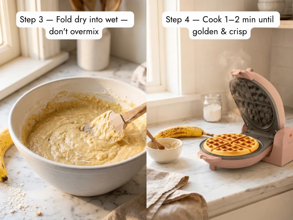 banana waffle batter ready to cook and golden waffle cooking in mini waffle maker, easy banana waffles recipe