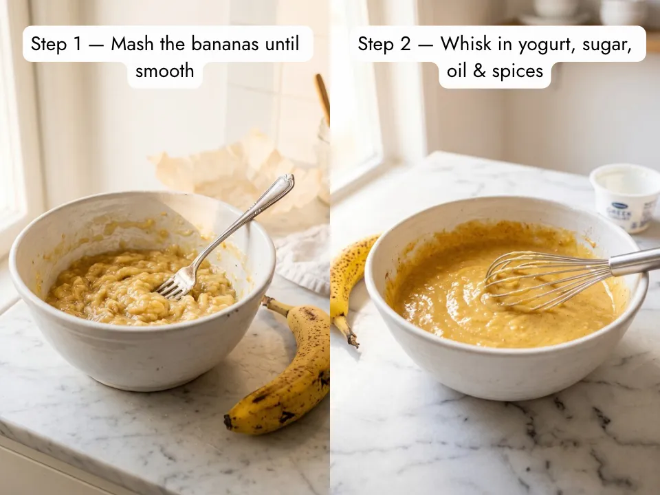 step by step banana waffle batter — mashing ripe bananas and mixing wet ingredients in white bowl