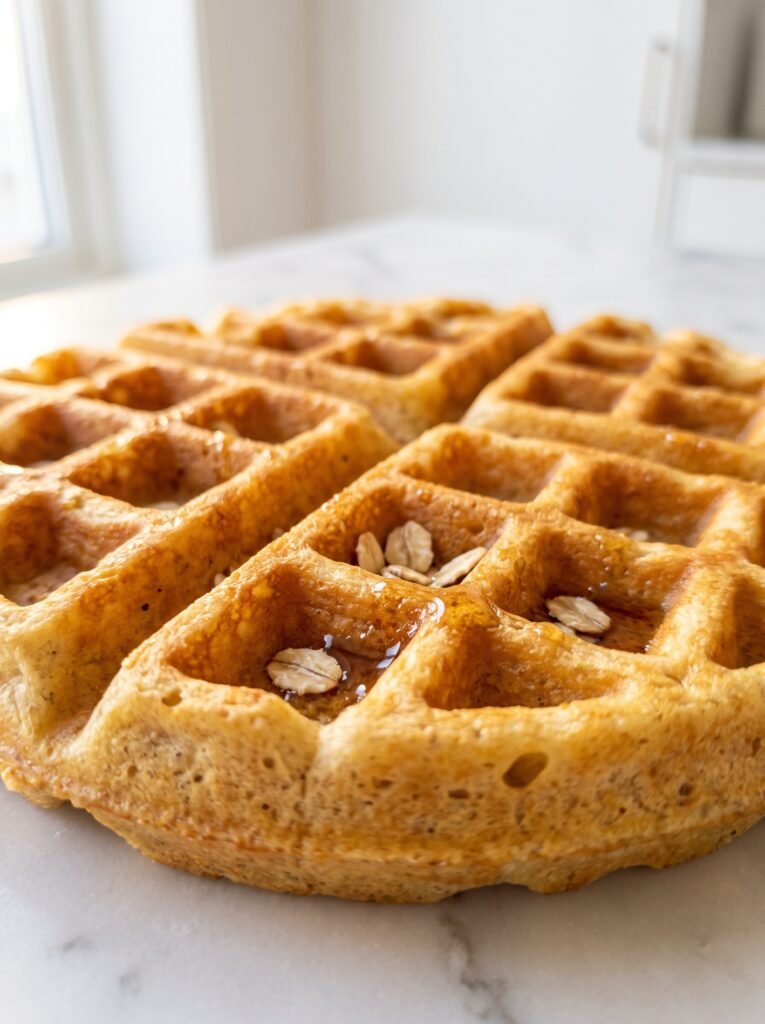 Extreme close-up of banana waffle texture showing crisp golden exterior and soft tender interior, healthy banana waffles