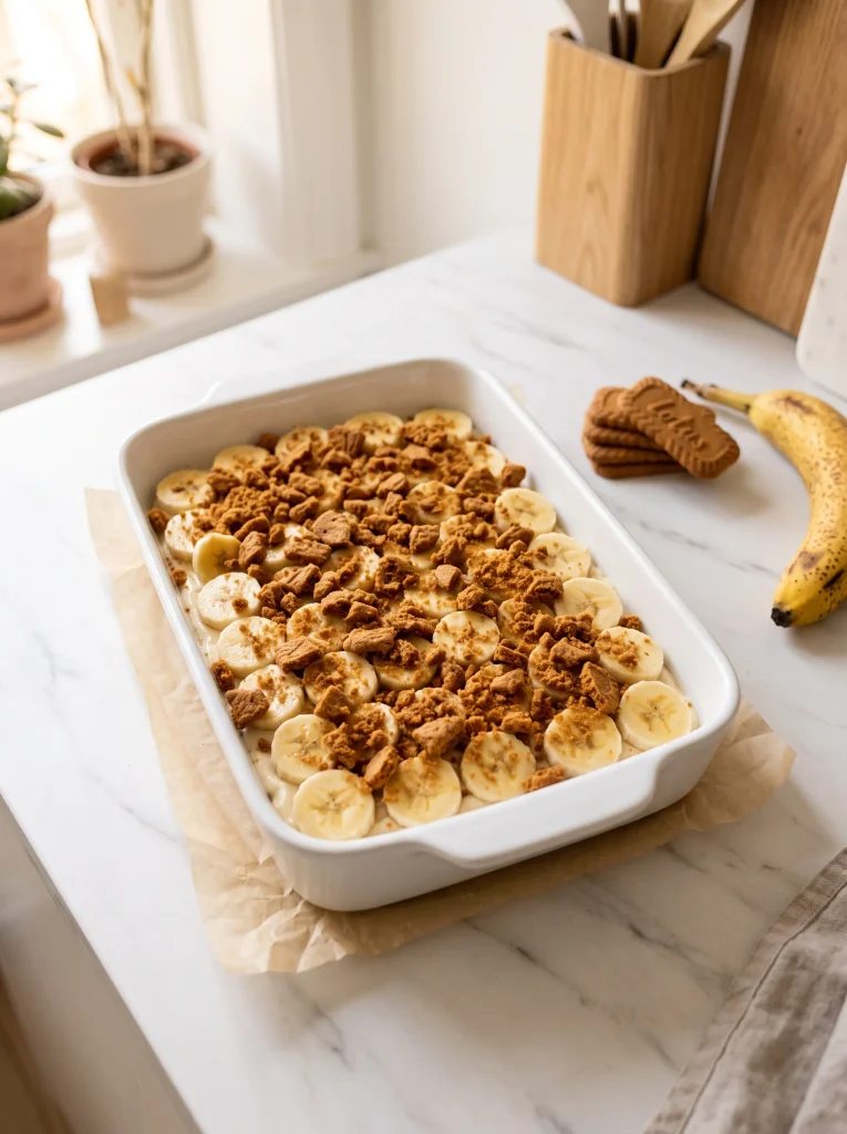 layer of fresh banana rounds and crumbled lotus biscoff cookies over cream in baking dish — biscoff banana pudding recipe process