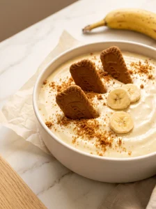 close up of biscoff banana pudding surface with lotus biscoff cookies standing upright, biscoff crumbs and fresh banana rounds
