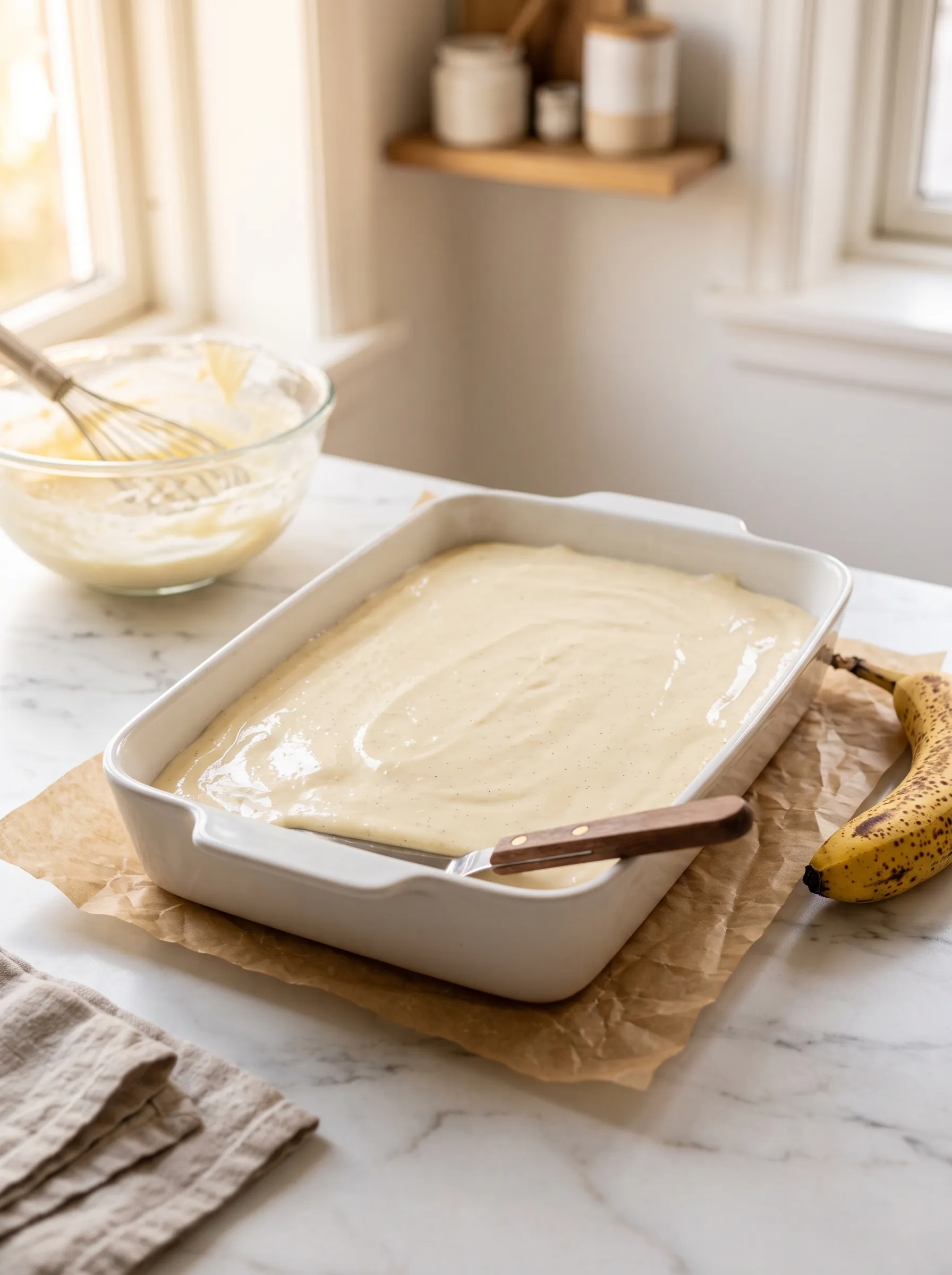 spreading first layer of vanilla cream pudding in white baking dish — banana pudding with biscoff cookies assembly step 4