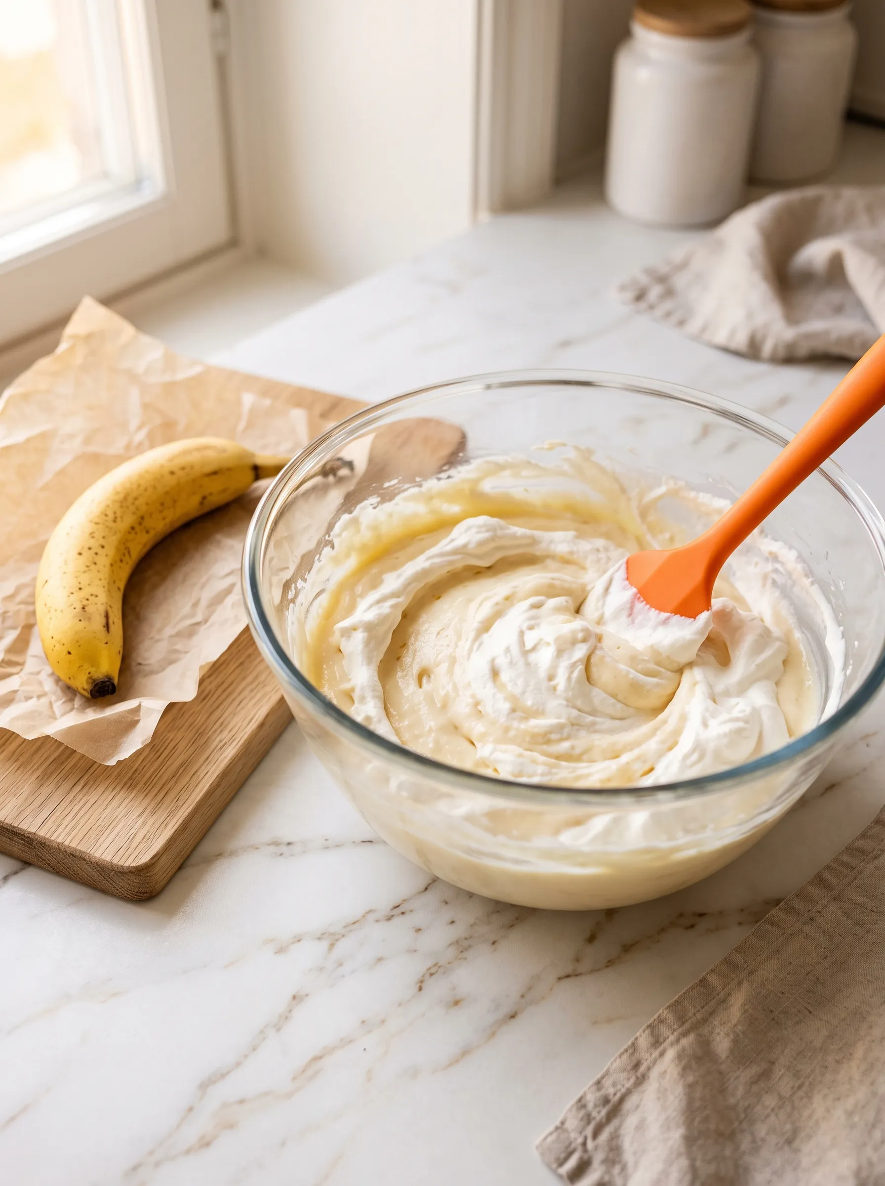 folding vanilla pudding base into whipped cream with silicone spatula for biscoff banana pudding — step 3