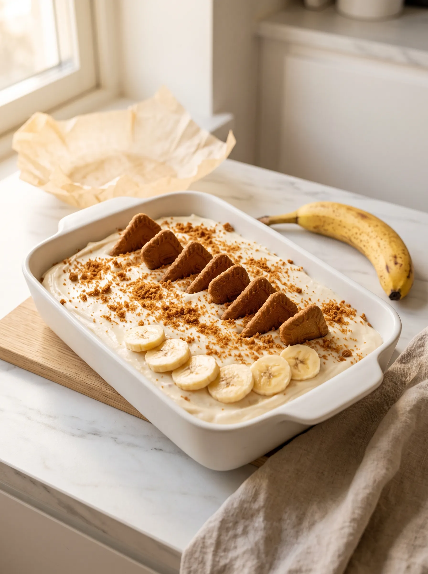 creamy biscoff banana pudding in white ceramic dish decorated with lotus cookies and fresh banana slices