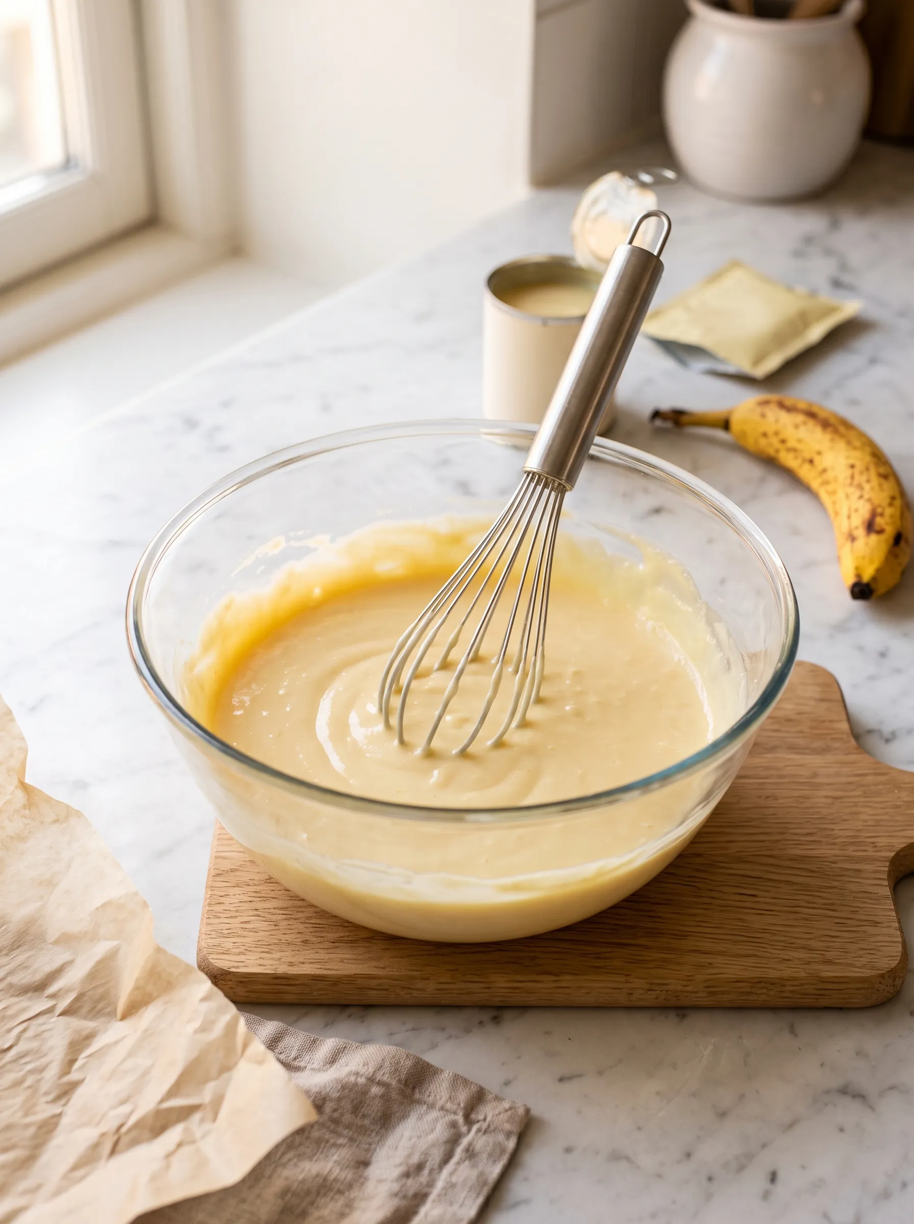 whisking vanilla pudding mix with condensed milk and cold milk in glass bowl — step 1 biscoff banana pudding recipe