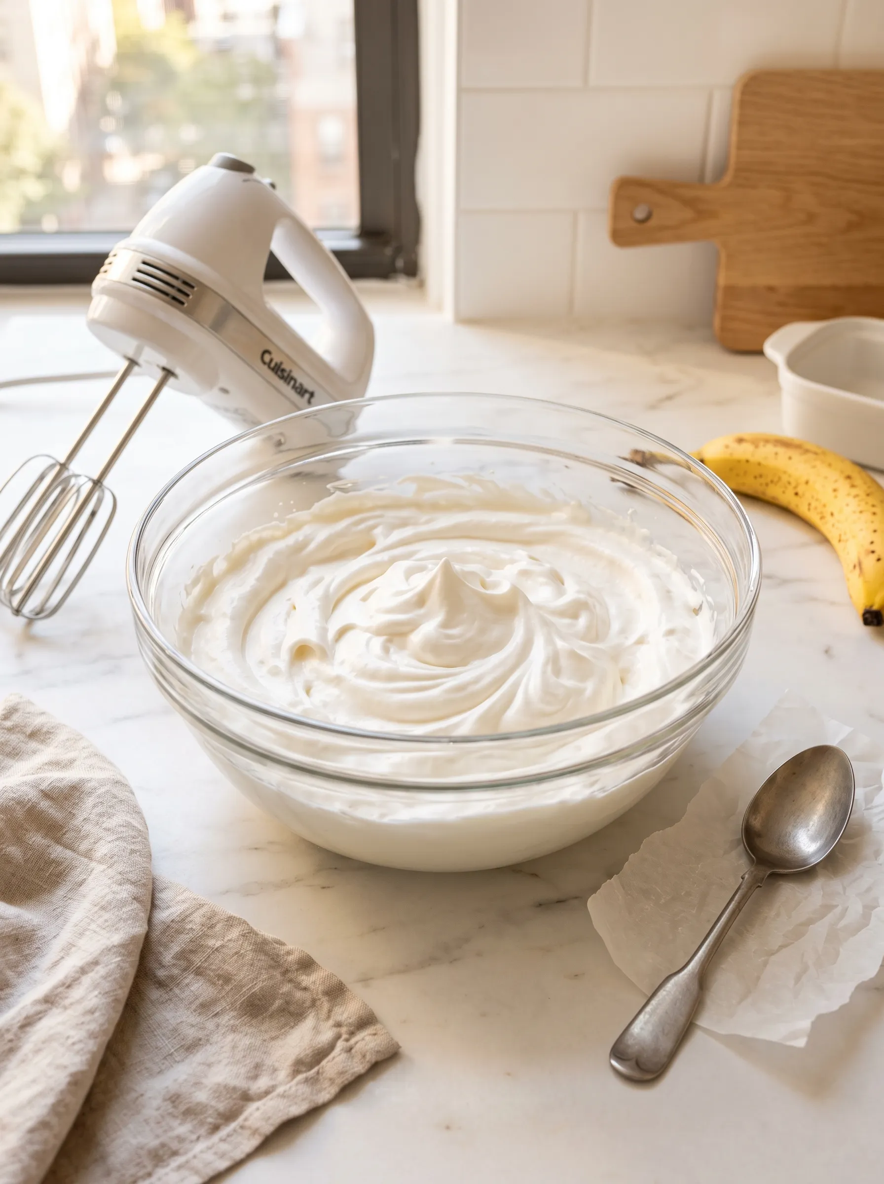 whipped heavy cream at firm peaks in glass bowl — step 2 of easy biscoff banana pudding recipe