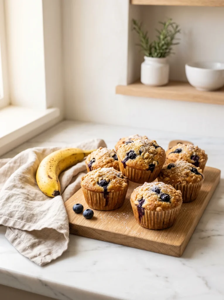 Blueberry banana muffins cooling on oak board, banana blueberry muffin recipe
