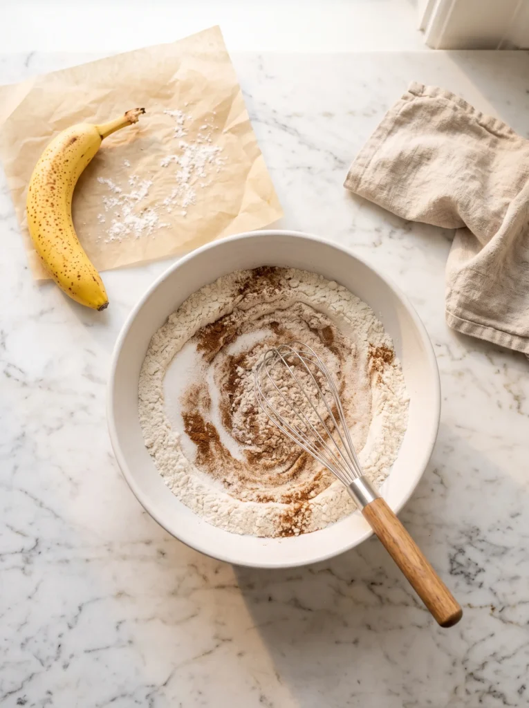Whisking dry ingredients for banana blueberry muffins, flour cinnamon sugar bowl