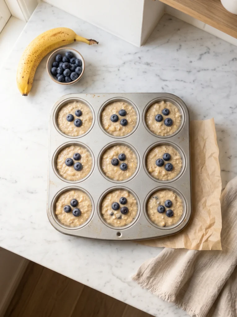 Muffin tin filled with raw banana blueberry batter ready to bake