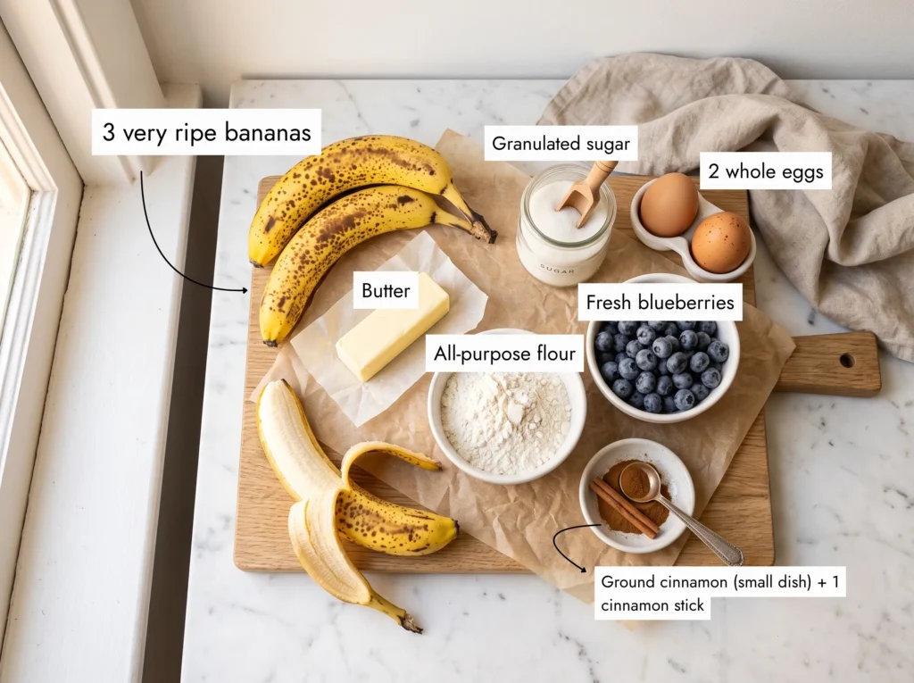 Raw ingredients for banana blueberry muffins recipe — bananas, blueberries, flour, eggs, cinnamon
