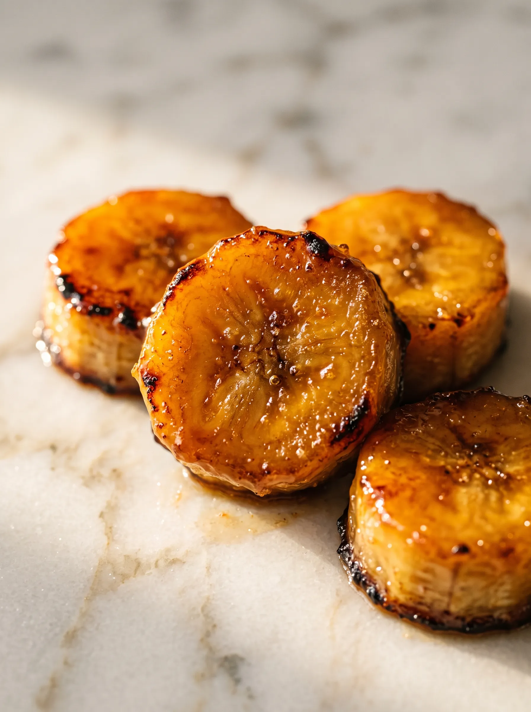 Close-up of golden caramelized banana slices with a glossy maple caramel glaze, showing the texture after pan-frying