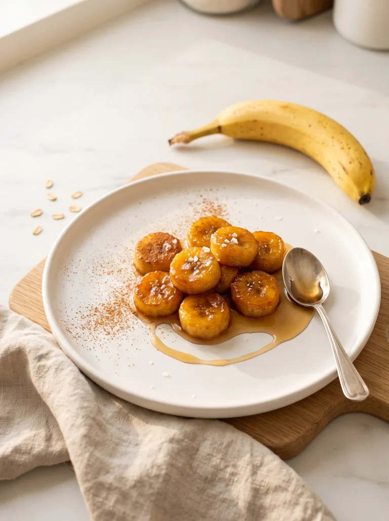 Caramelized banana slices with maple syrup glaze on a white ceramic plate, soft morning light, white marble kitchen