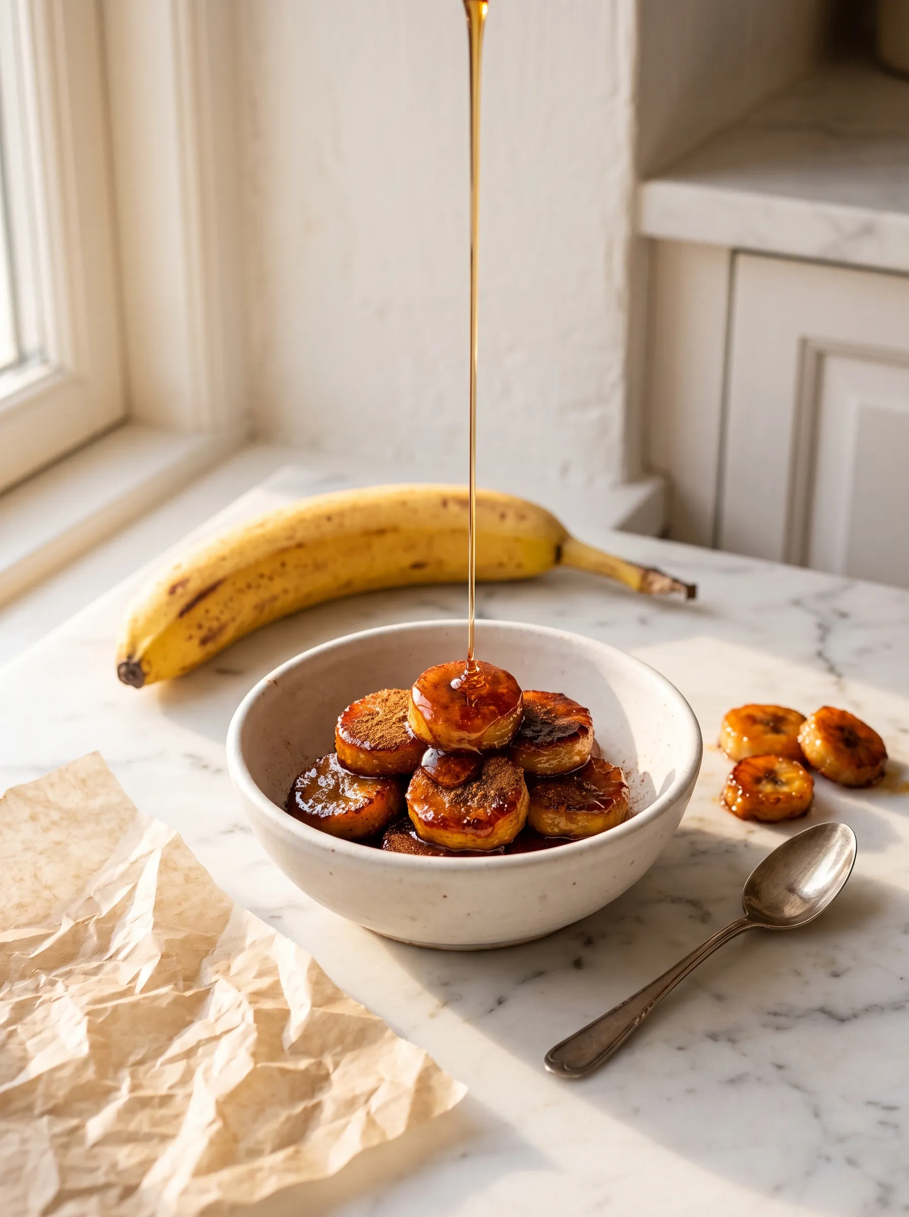 Caramelized bananas with maple syrup and cinnamon served in a white ceramic bowl on a white marble countertop