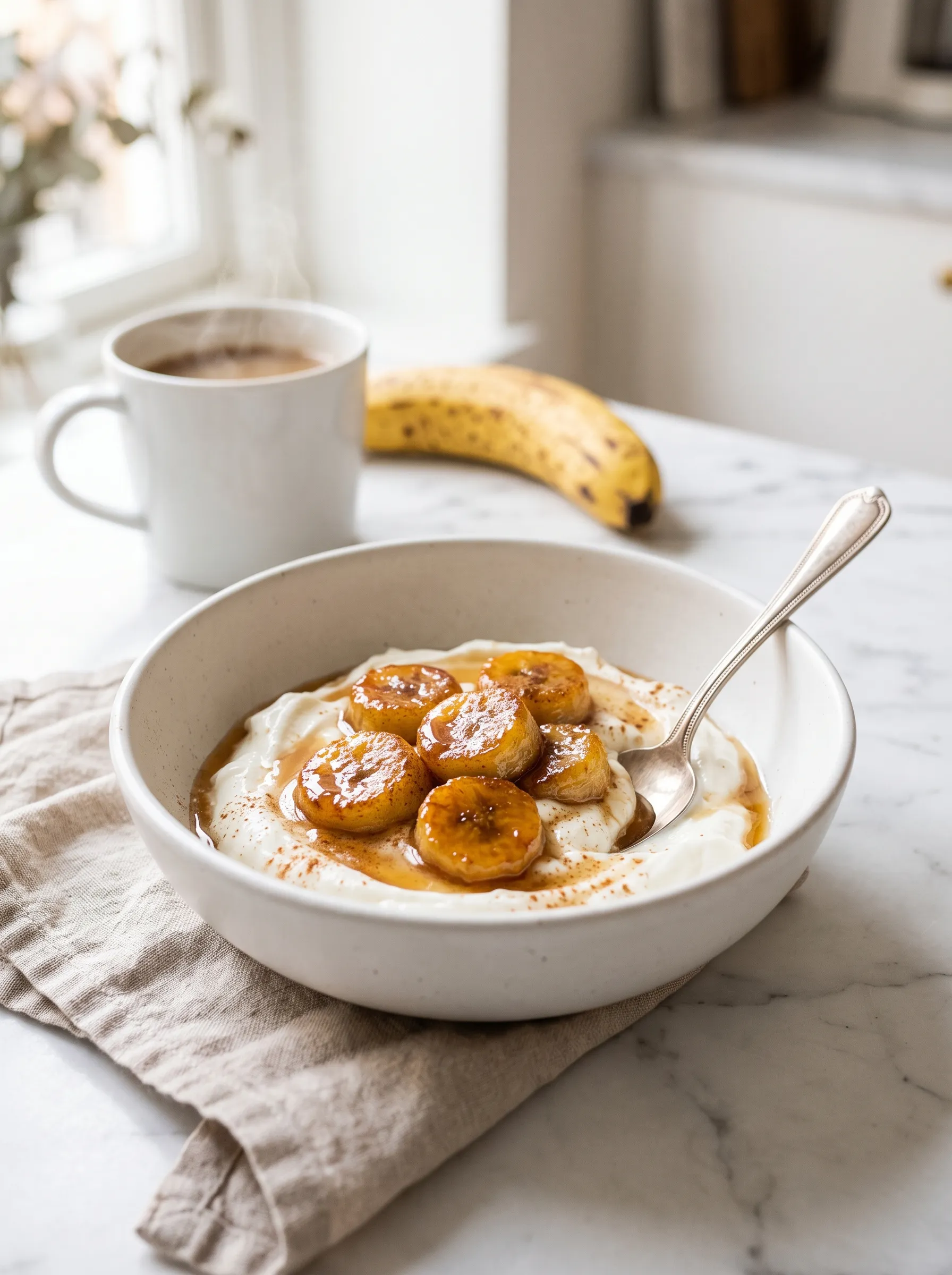 Caramelized bananas spooned over a white bowl of Greek yogurt with a maple syrup drizzle, served as a quick healthy breakfast
