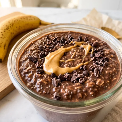 close-up of chocolate banana overnight oats texture showing thick creamy cocoa oats with chia seeds and cacao nibs and golden peanut butter ribbon