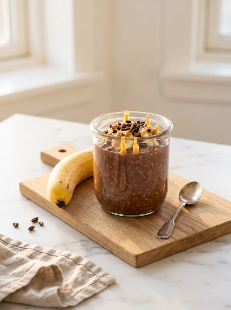 chocolate banana overnight oats in a glass jar with peanut butter drizzle and cacao nibs — easy vegan no-cook breakfast