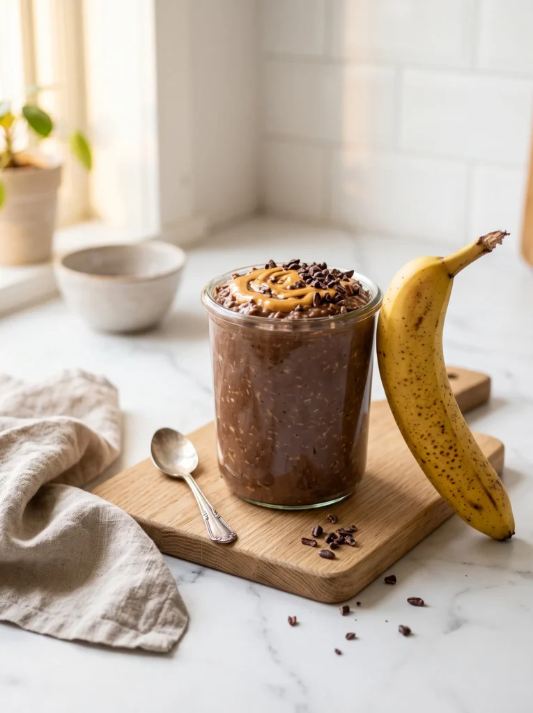 chocolate banana overnight oats in a glass jar topped with peanut butter drizzle and cacao nibs on white marble counter