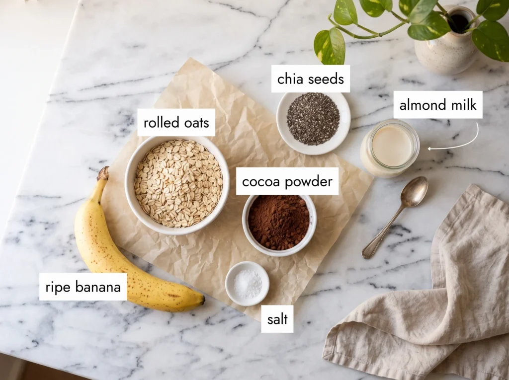 ingredients for chocolate banana overnight oats laid out on white marble — rolled oats, cocoa powder, ripe banana, chia seeds, and almond milk