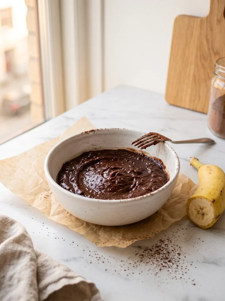 mashed ripe banana mixed with cocoa powder forming a smooth dark chocolate paste in a white ceramic bowl — step 2 of chocolate banana overnight oats recipe