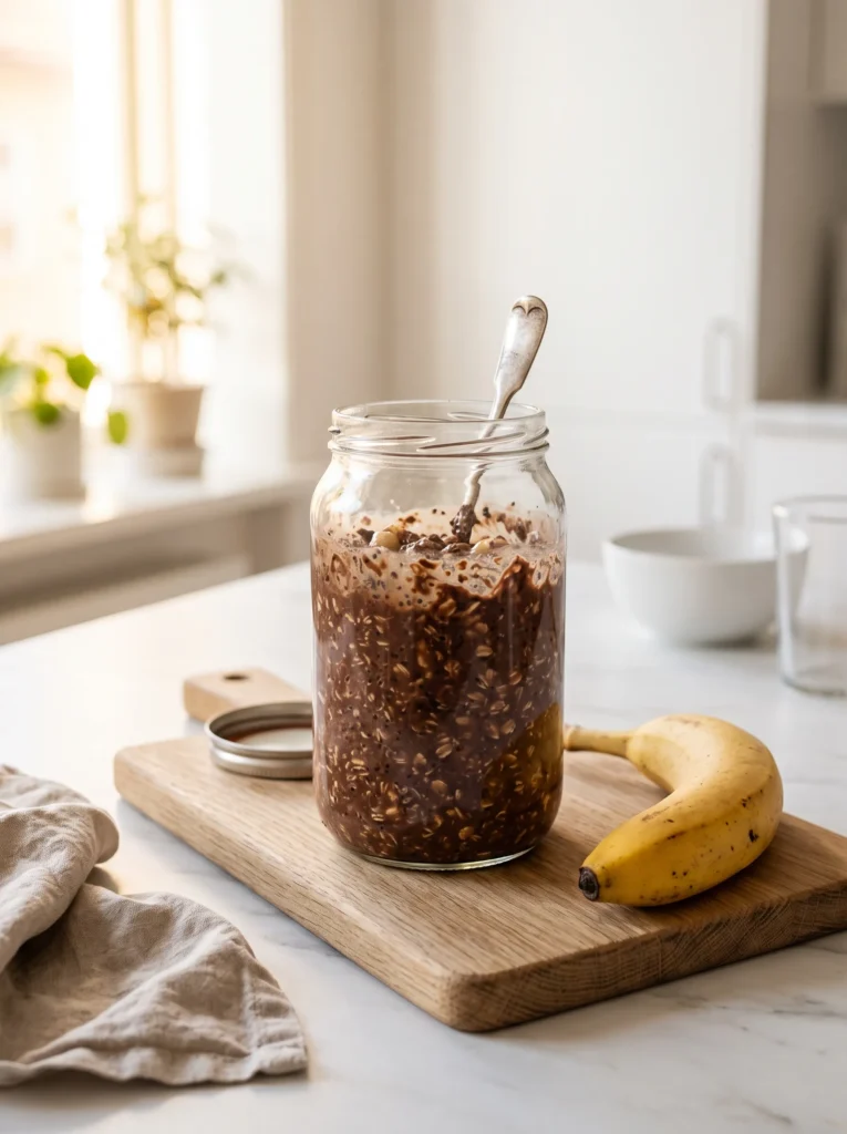 stirring rolled oats and chia seeds into chocolate banana mixture in a glass jar before refrigerating overnight — easy vegan overnight oats recipe