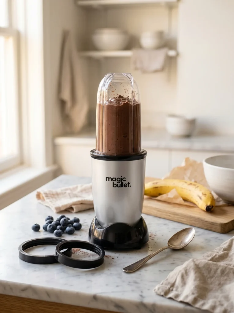 Blender jar filled with thick chocolate banana smoothie mixture — deep brown, creamy texture, cocoa powder smoothie base ready to blend