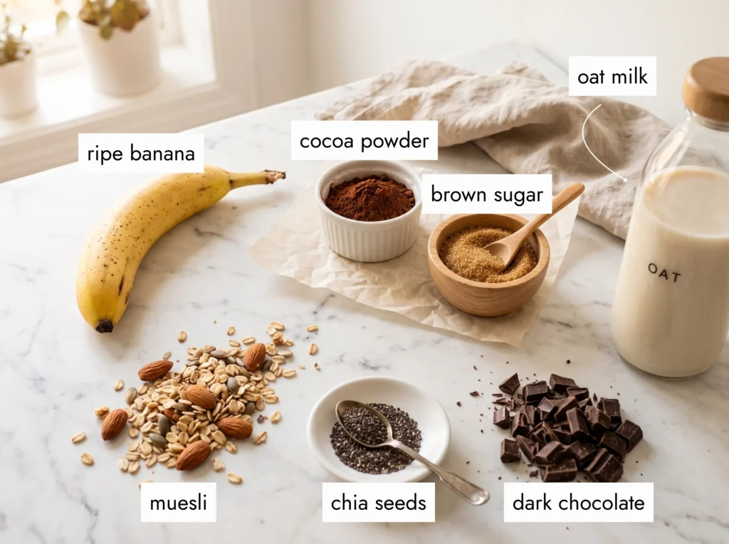 Ingredients for chocolate banana smoothie bowl — ripe banana, cocoa powder, brown sugar, oat milk, muesli, chia seeds and dark chocolate on white marble