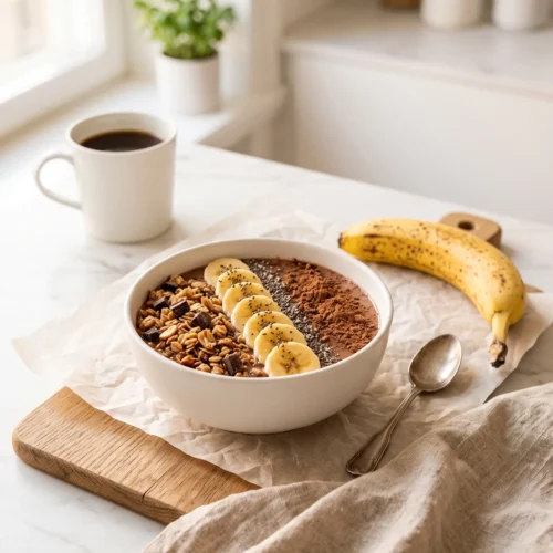 Chocolate banana smoothie bowl served on white marble with a vintage spoon and a warm mug — cozy morning breakfast scene