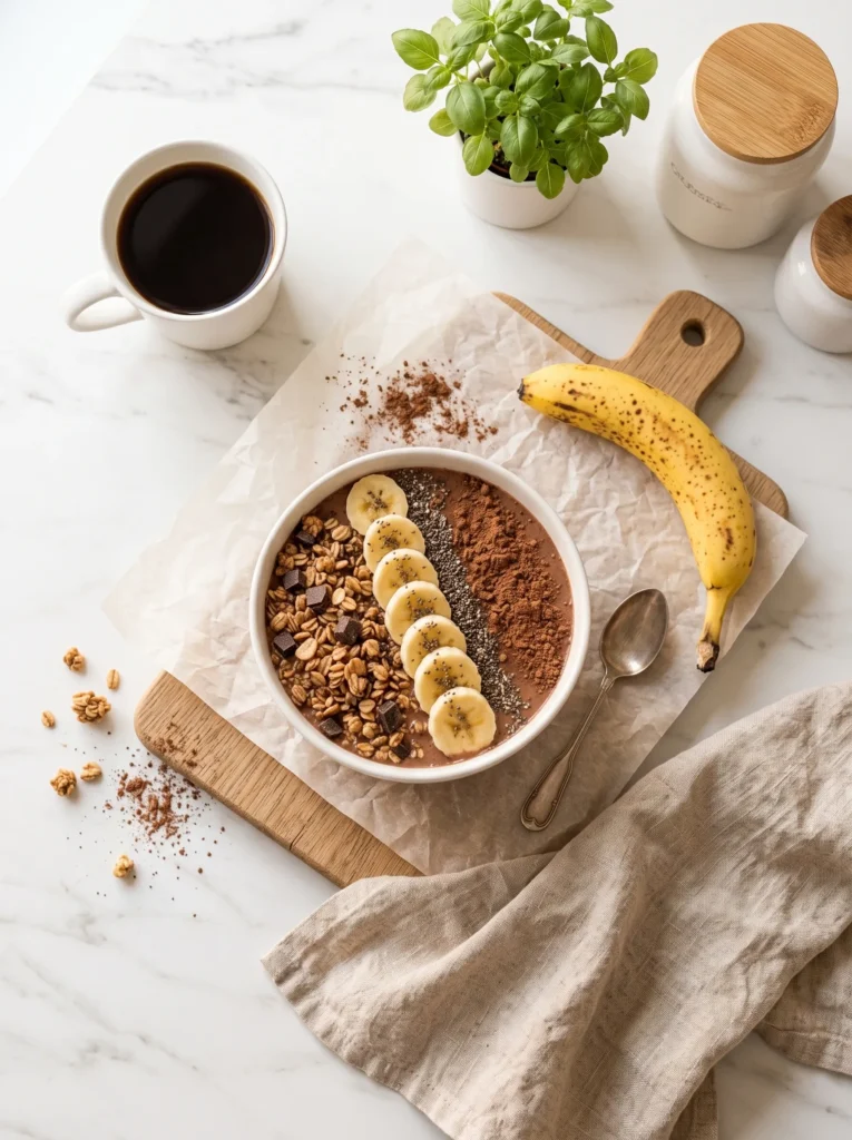 Chocolate banana smoothie bowl topped with dark chocolate chunks, muesli, chia seeds and fresh banana slices on white marble
