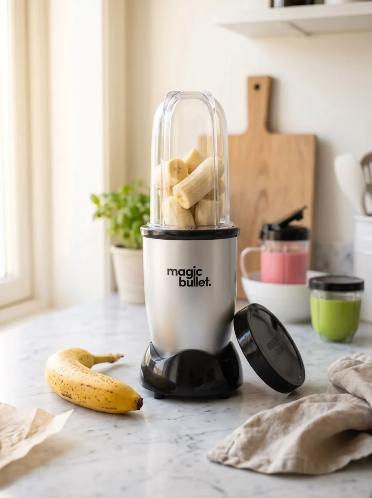 Ripe banana sliced into chunks inside a blender jar, first step to make a chocolate banana smoothie bowl recipe