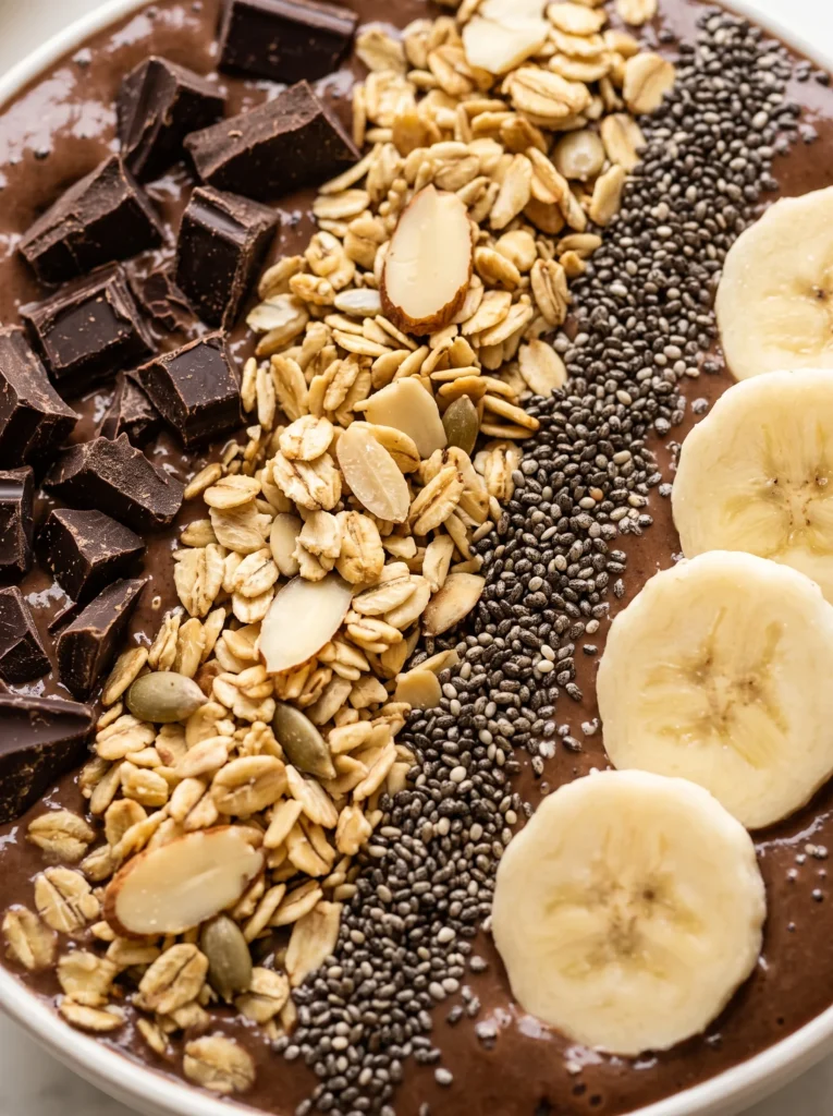 Close-up of chocolate banana smoothie bowl with toppings in neat rows — dark chocolate chunks, golden muesli, chia seeds and fresh banana slices on a thick cocoa banana smoothie base