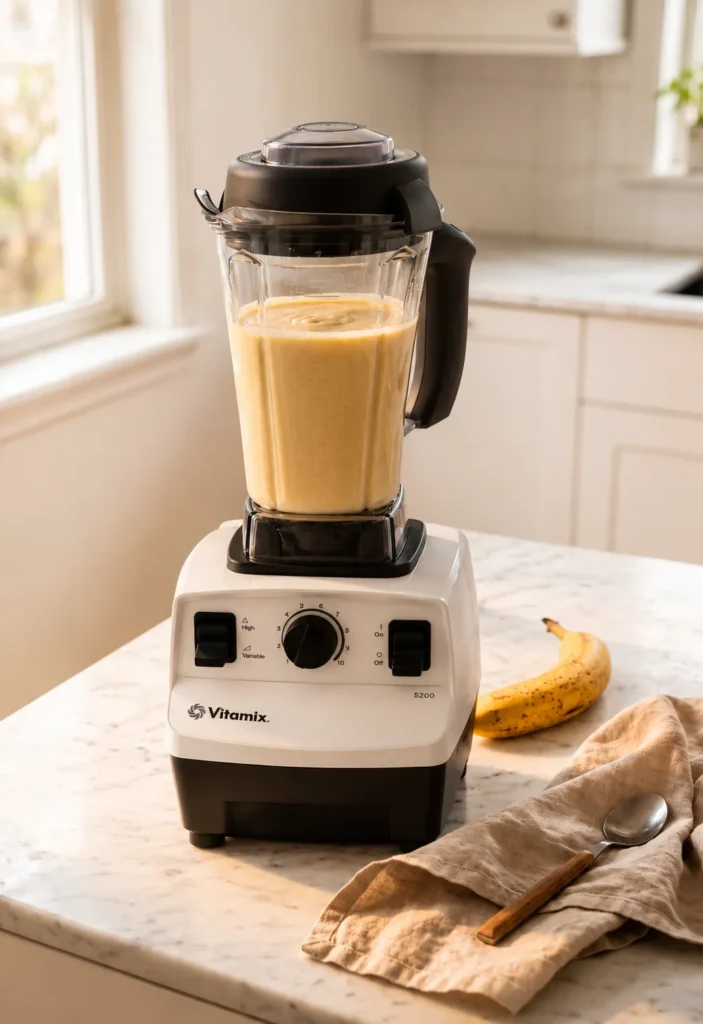 Vitamix 5200 white blender smooth thick cottage cheese banana pancake batter no flour protein banana pancakes blender method