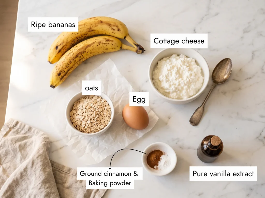 all ingredients for cottage cheese banana pancakes laid flat on marble counter ripe bananas rolled oats cottage cheese egg baking powder