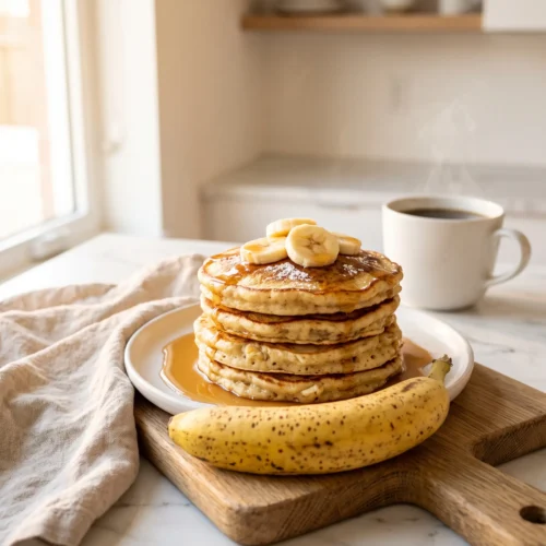 cottage cheese banana pancakes with coffee mug on wooden board cozy morning breakfast high protein banana pancakes weekday