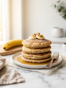 Side view of fluffy gluten free banana pancakes showing golden brown layers on white ceramic plate