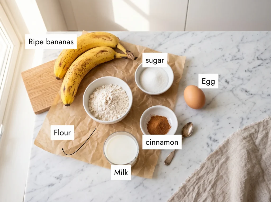 Flat lay of gluten free banana pancake ingredients on white marble — ripe bananas, GF flour, egg, milk and cinnamon