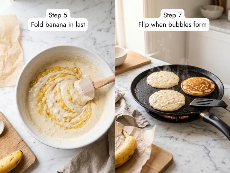 gluten free banana pancakes process — folding banana into batter and cooking on griddle until golden