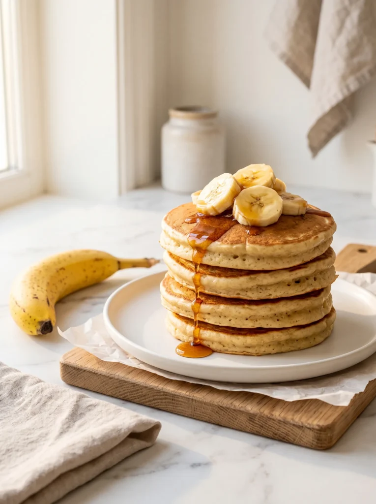 Stack of thick gluten free banana pancakes topped with fresh banana slices and maple syrup drizzle on white plate